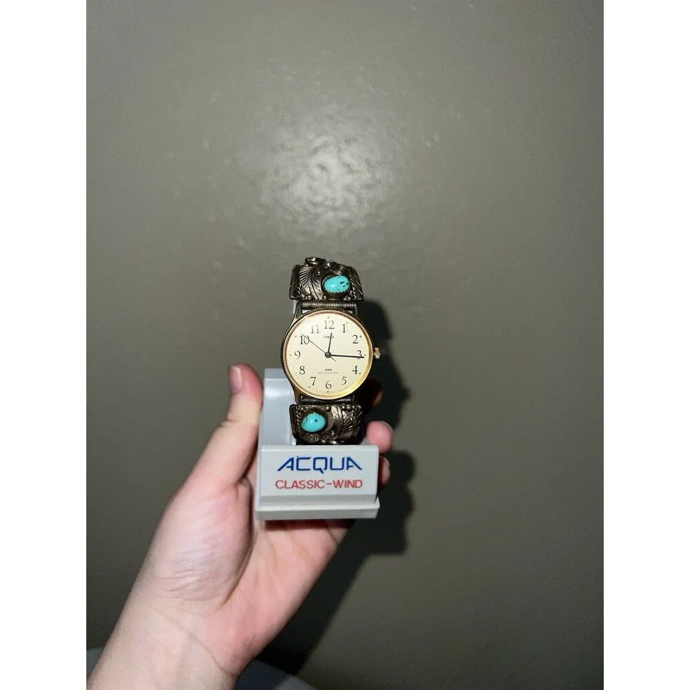 VTG TIMEX 12K TURQUOISE WATCH BAND FLORAL WATER RESISTANT BASE METAL BEZEL